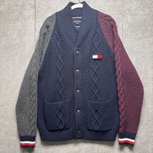 Tommy Hilfiger‎ Cardigan Mens L Cable Knit Letterman Sweater Colorblock Academia